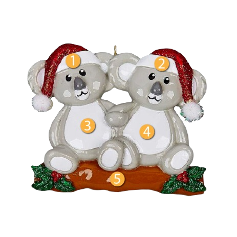 Two gray koalas wearing red Santa hats sitting on a log with holly for Christmas Ornaments under $50 collection