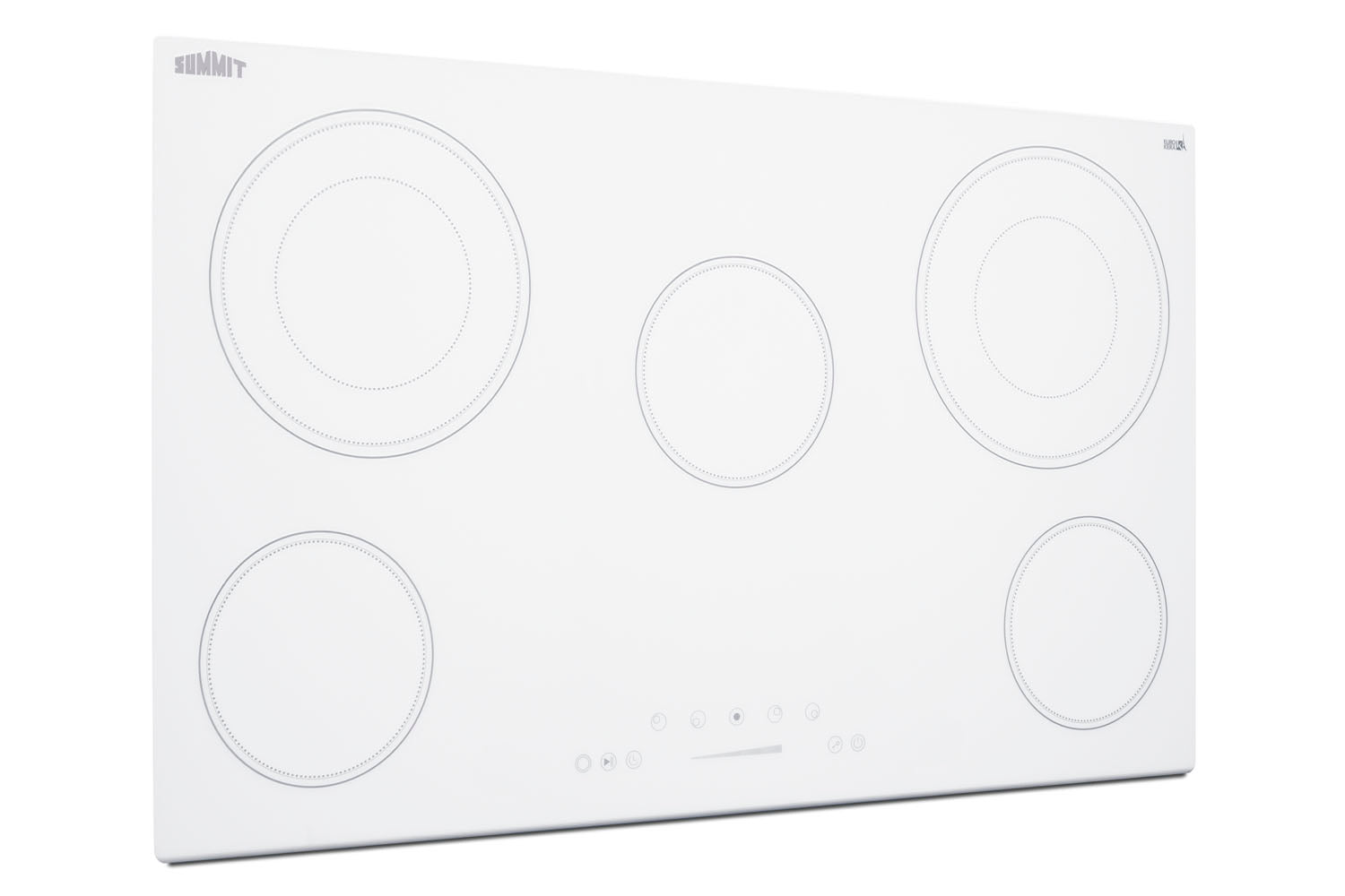 White radiant cooktop with five heating elements and smooth glass surface for kitchen and home improvement use