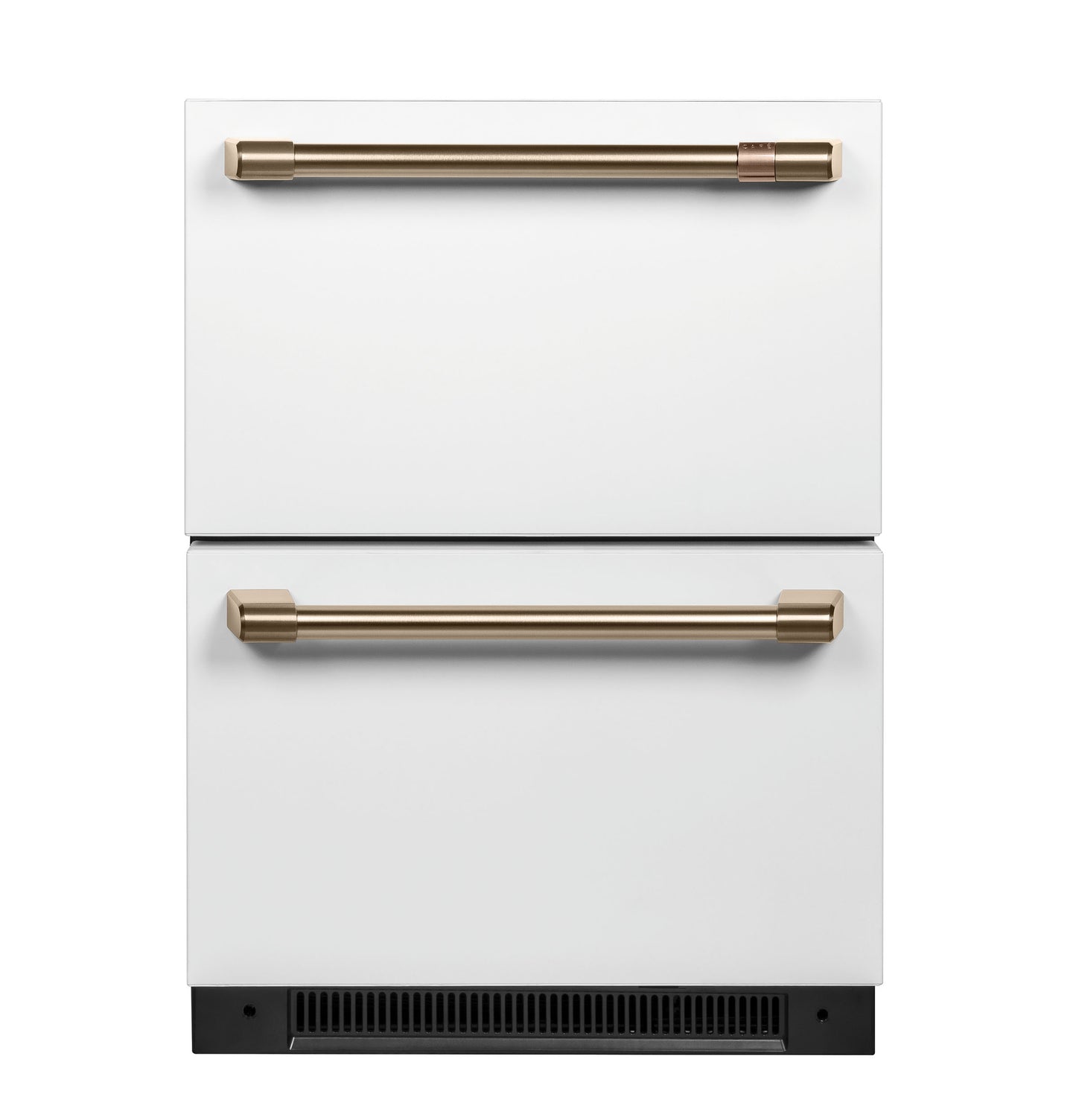 Built-in dual-drawer refrigerator in white with sleek gold handles in kitchen appliances and refrigerator collection