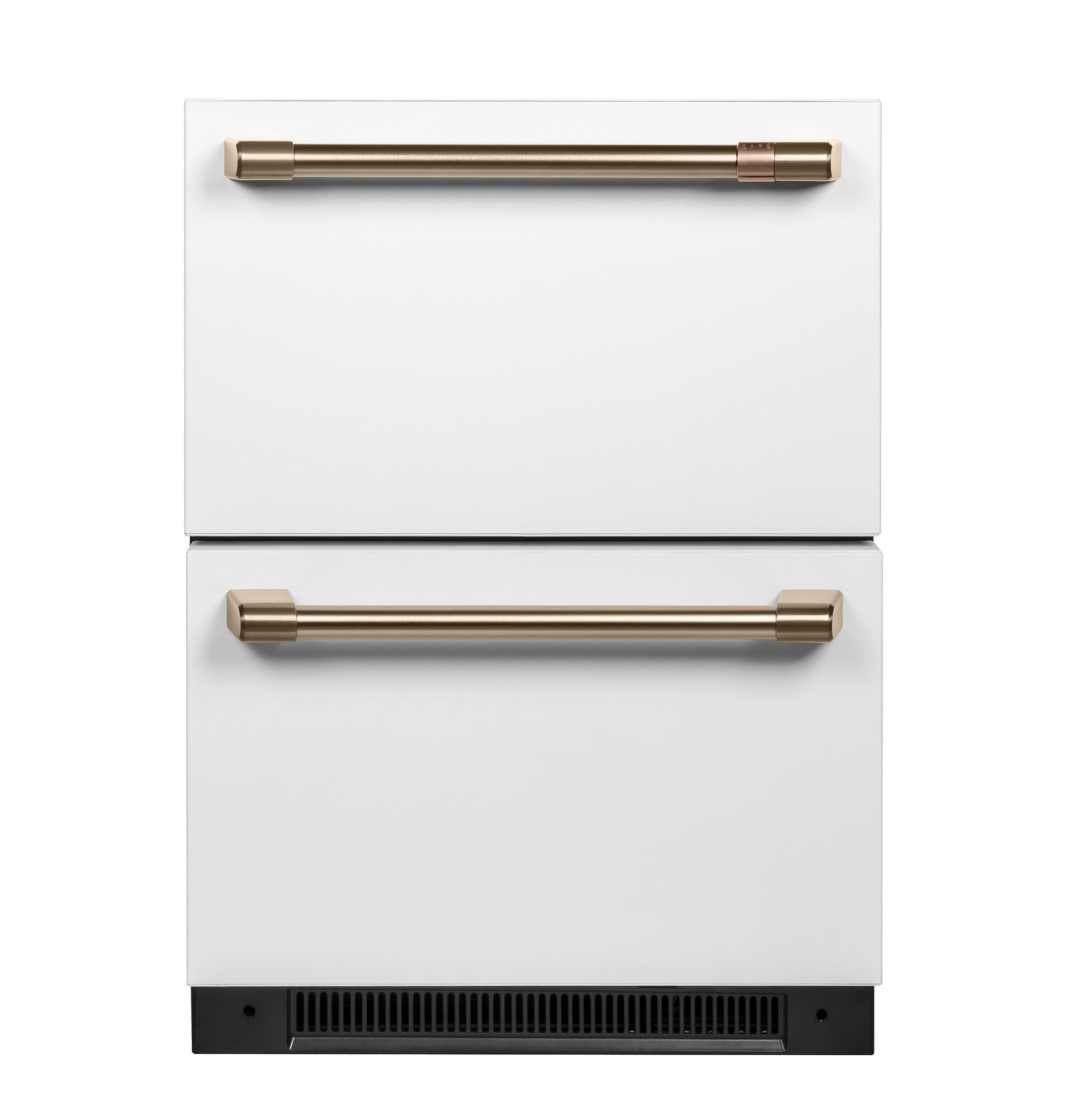 Built-in dual-drawer refrigerator in white with sleek gold handles in kitchen appliances and refrigerator collection