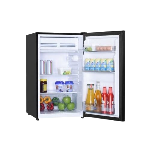 compact black refrigerator with open door showing food storage shelves, clear crisper, and full width freezer in appliances collection