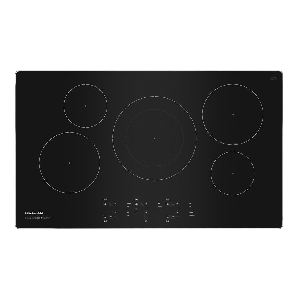 Black 36-inch induction cooktop with five cooking zones and touch sensor controls in kitchen appliances collection