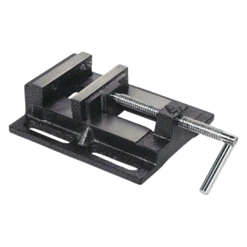 Black metal drill press vise with adjustable screw clamp and mounting slots for use in tools and home improvement tasks