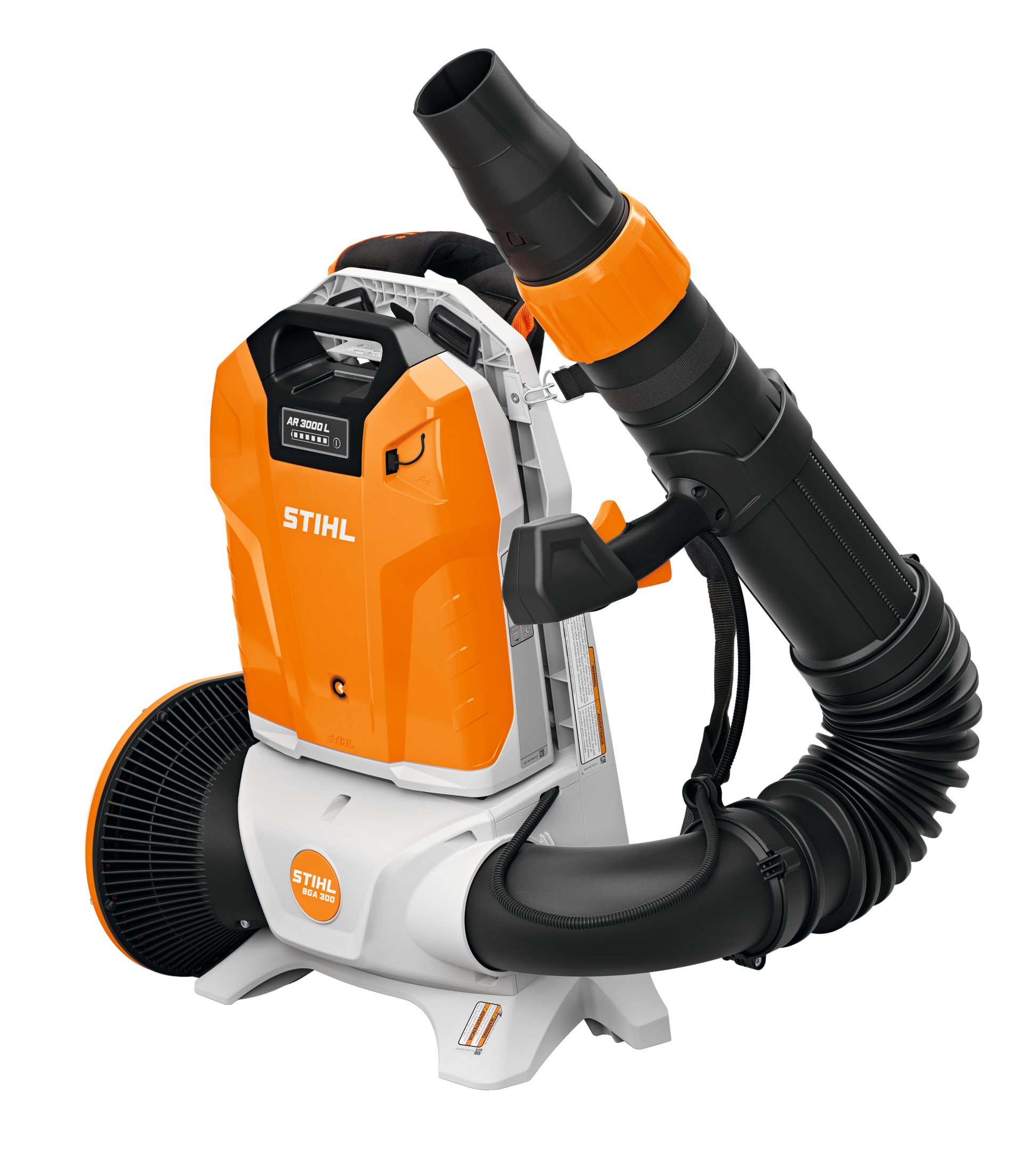 Orange and white backpack-style battery blower with adjustable black nozzle for outdoor home improvement tasks