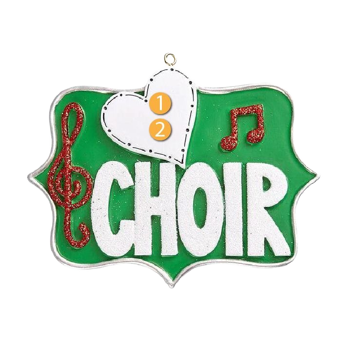 Green personalized choir ornament with white heart and red musical notes for Christmas tree decorations under $50 collection