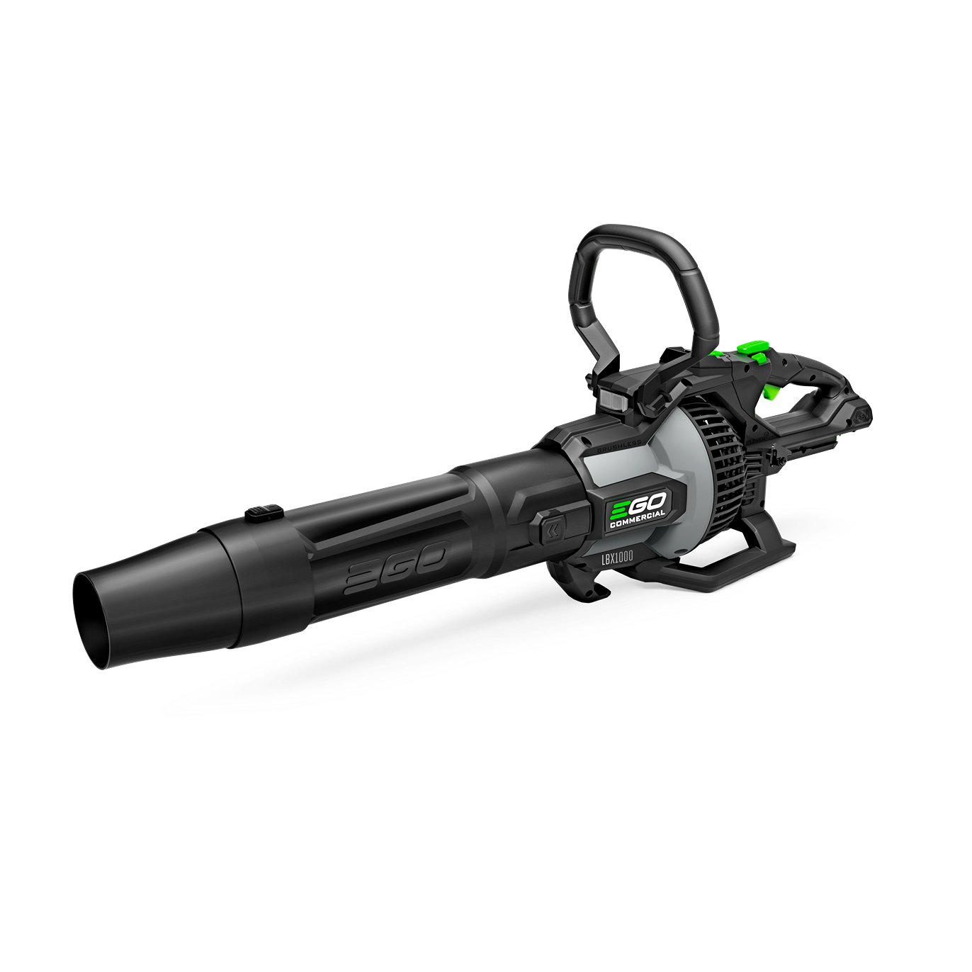 Black and green handheld cordless blower designed for outdoor yard cleanup with ergonomic handles and nozzle controls