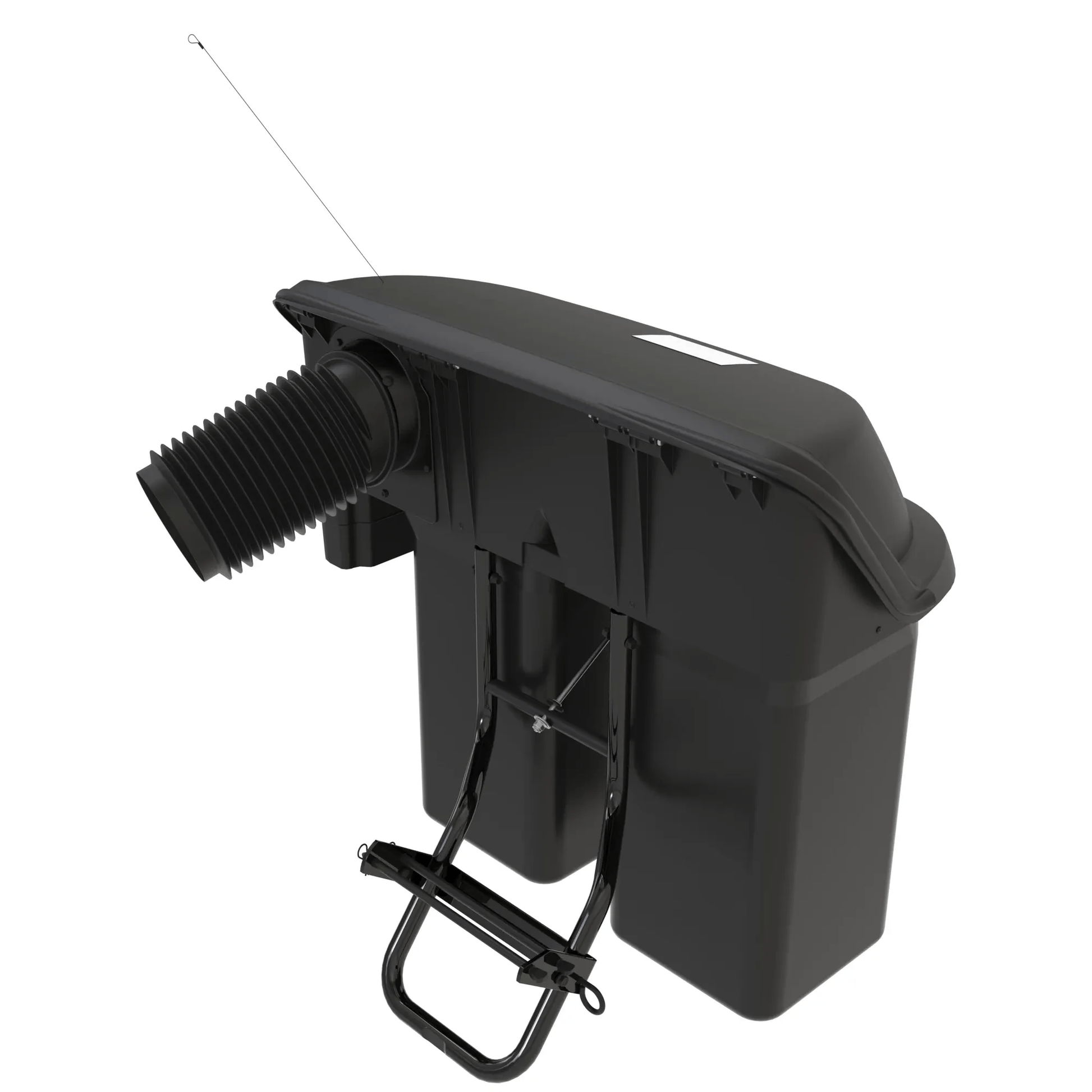 Black material collection system with dual bags and hose attachment for outdoor power tools and John Deere parts and accessories.
