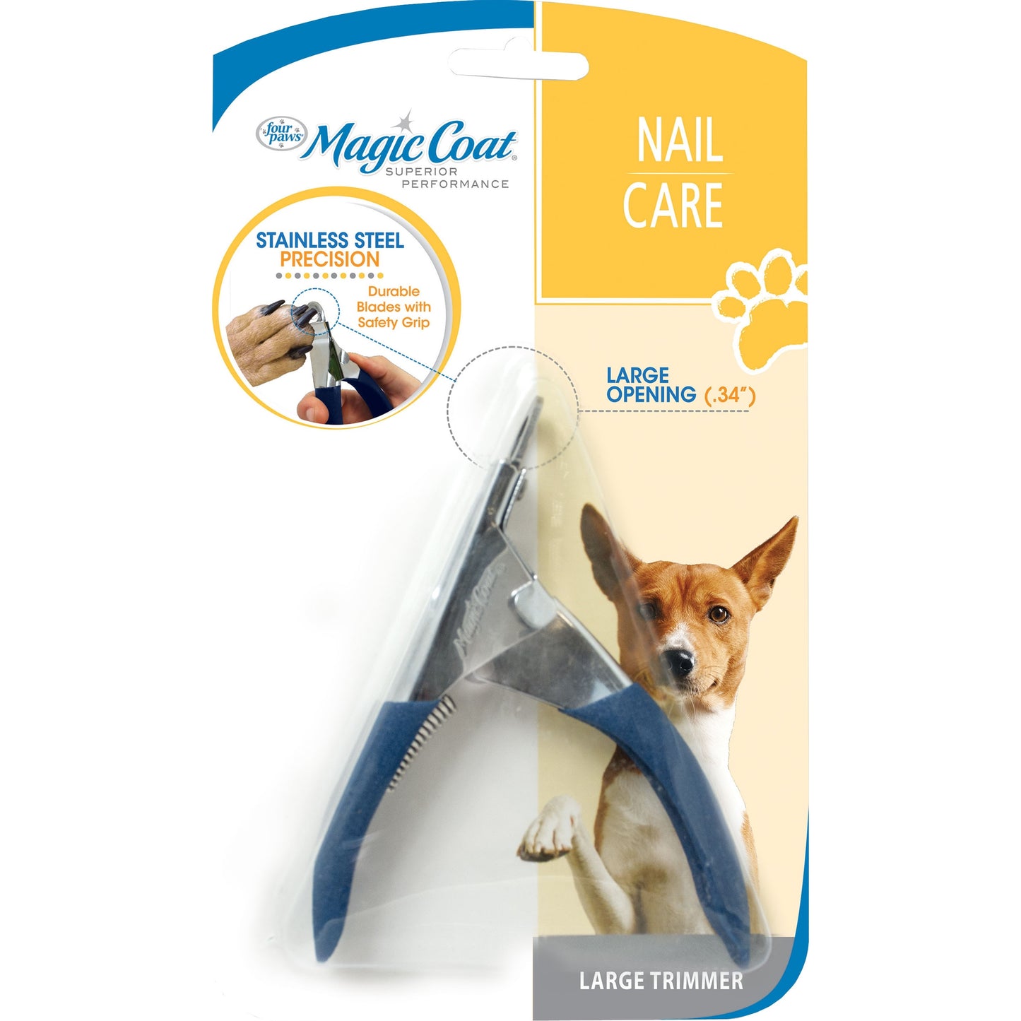Blue-handled stainless steel nail trimmer designed for pet nail care with safety grip and large opening for home use