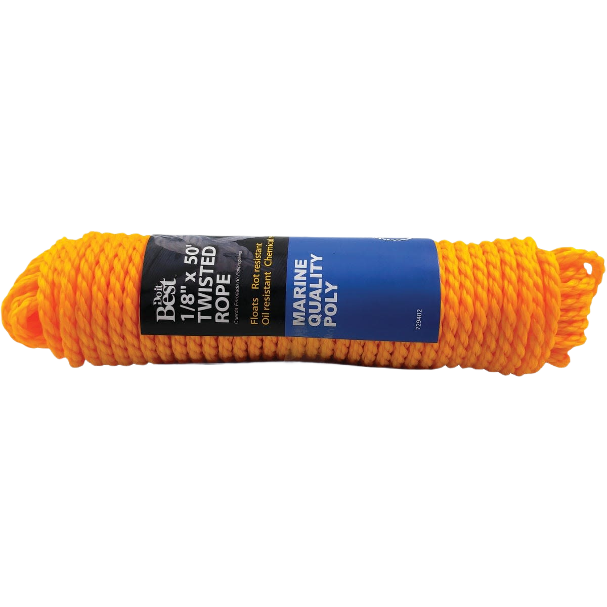 Yellow twisted polypropylene rope packaged for home improvement and outdoor use, 1/4 inch thickness, 50 feet length