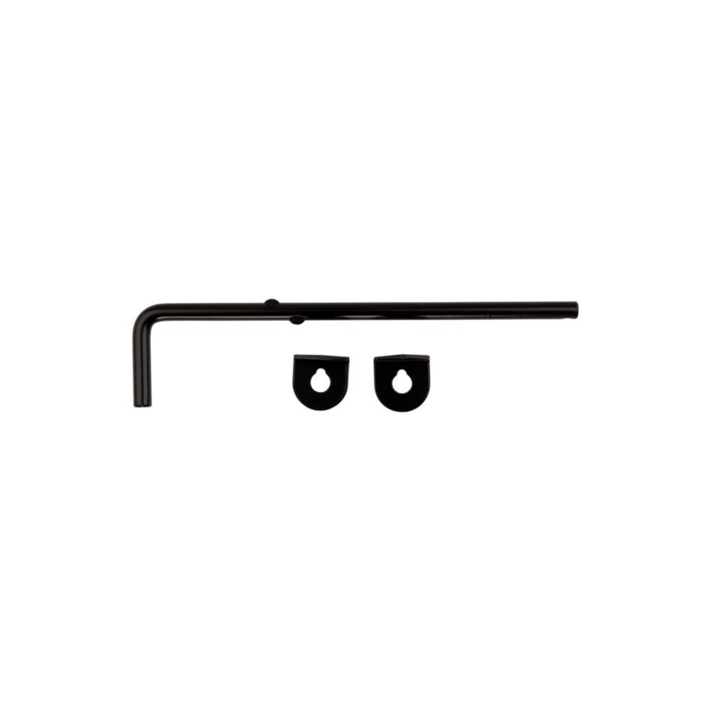 Black steel cane bolt with mount brackets for securing gates and doors in home improvement hardware projects