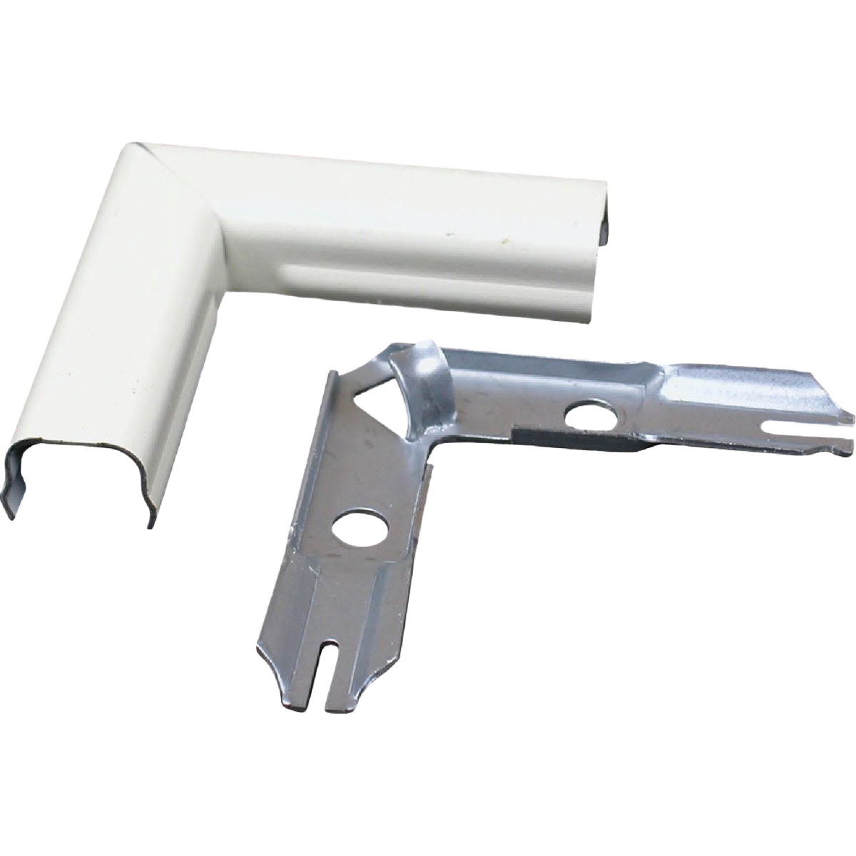 White NM Wire Channel flat elbow connector with metal mounting bracket for home improvement projects
