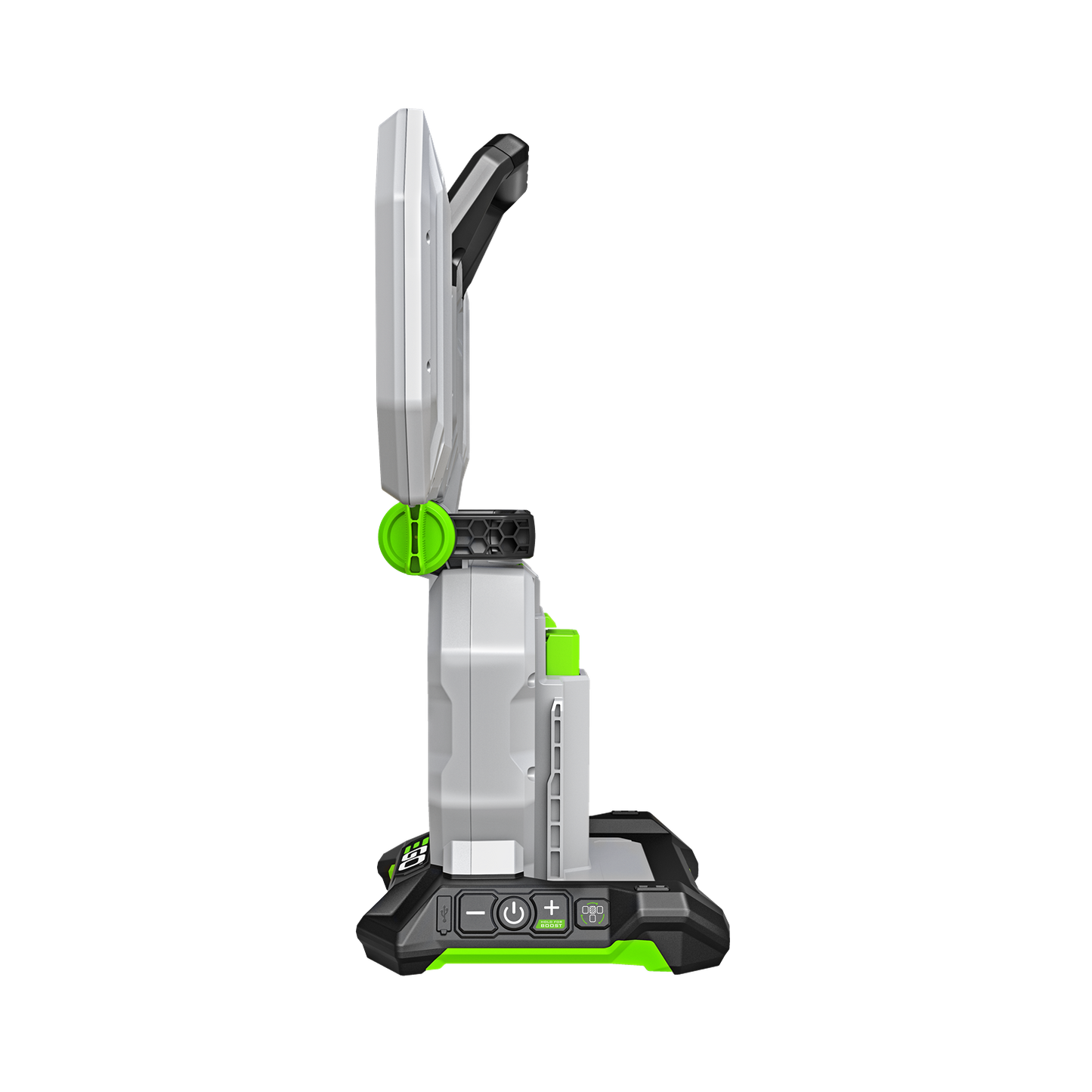 Side view of a portable power area light with adjustable panels and ergonomic handle for tool accessories and outdoor use