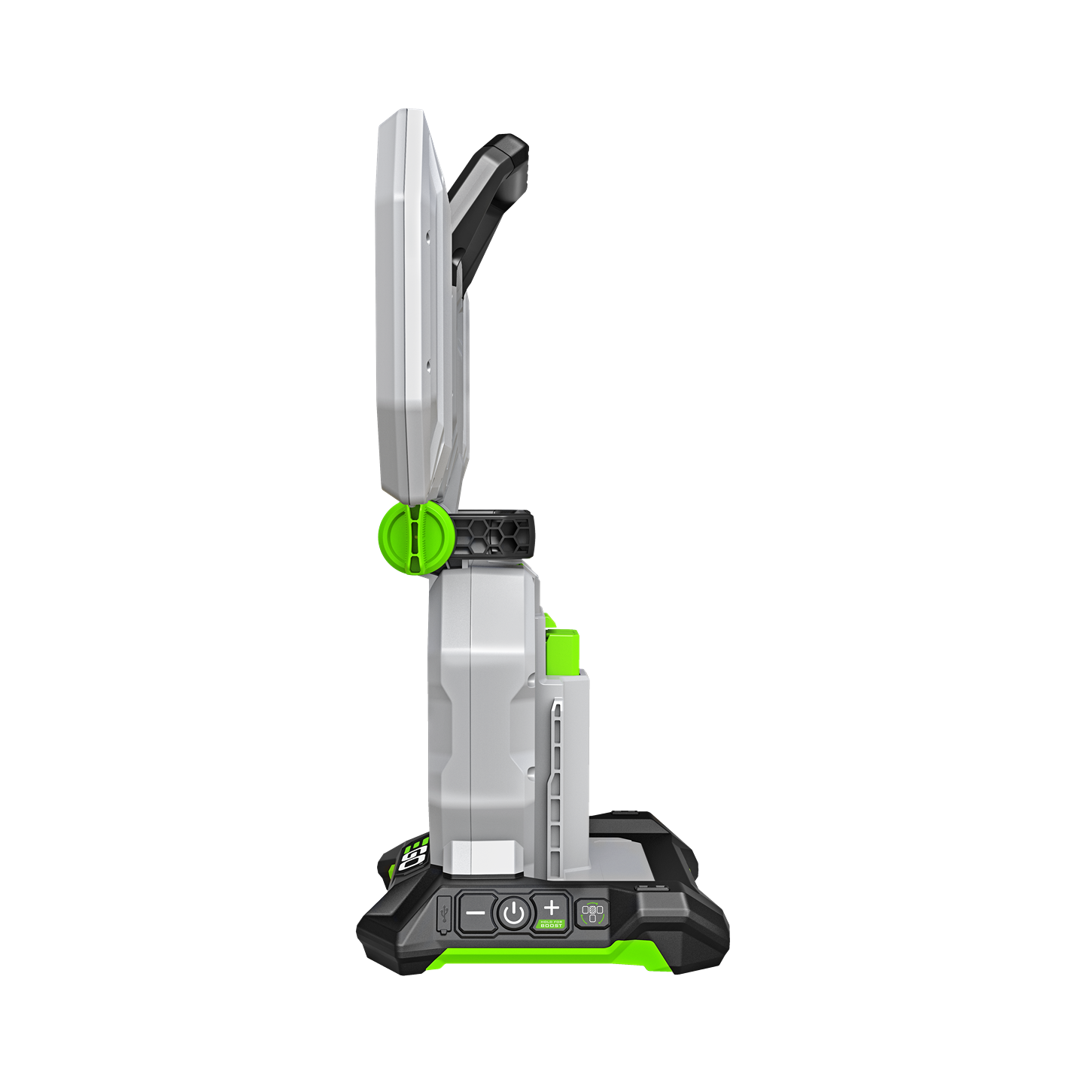 Side view of a portable power area light with adjustable panels and ergonomic handle for tool accessories and outdoor use