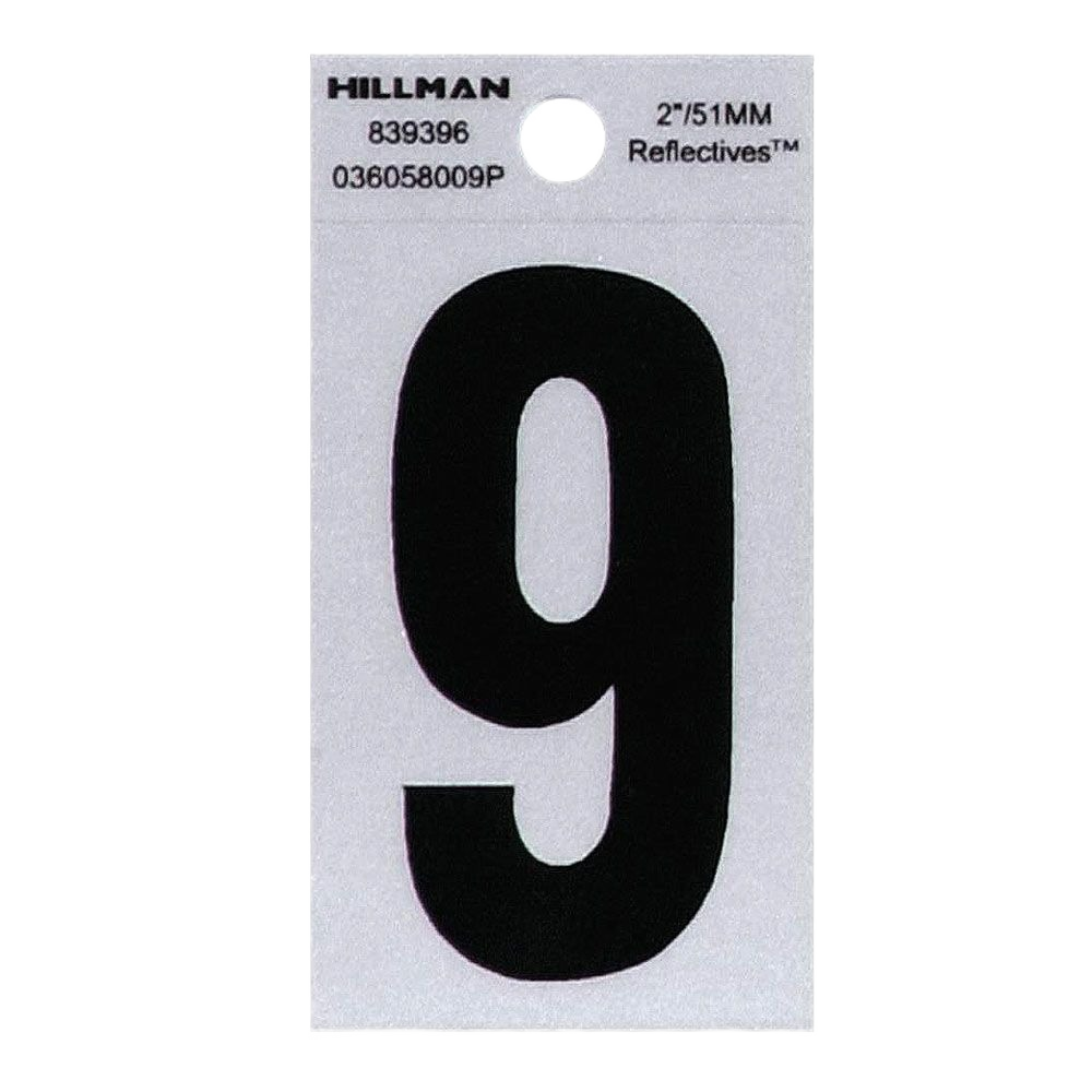 Black adhesive house number 9 with silver reflective backing for clear outdoor display under $50 Hardware category