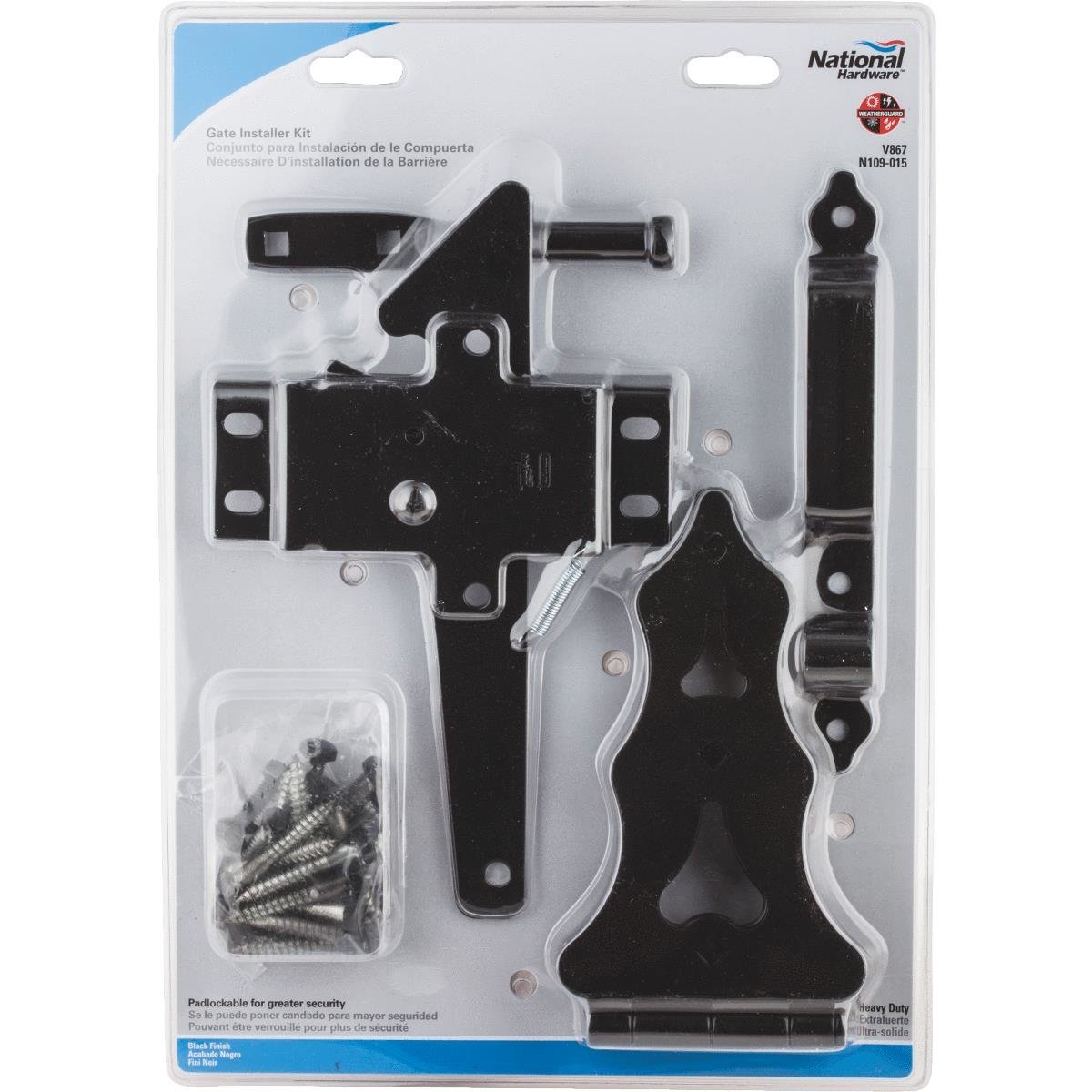 Black ornamental gate kit with heavy-duty latch, hinges, pull, and mounting hardware for gate hardware and home improvement collections