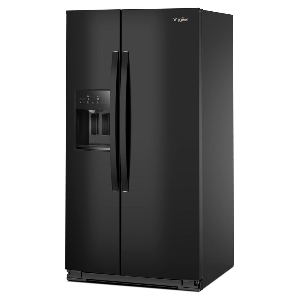 Black side-by-side refrigerator with water dispenser and digital controls in refrigerators and kitchenware collections