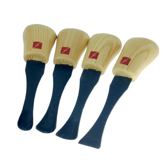 Set of four wide format palm carving tools with wooden handles and black steel blades for woodworking and hand tool use