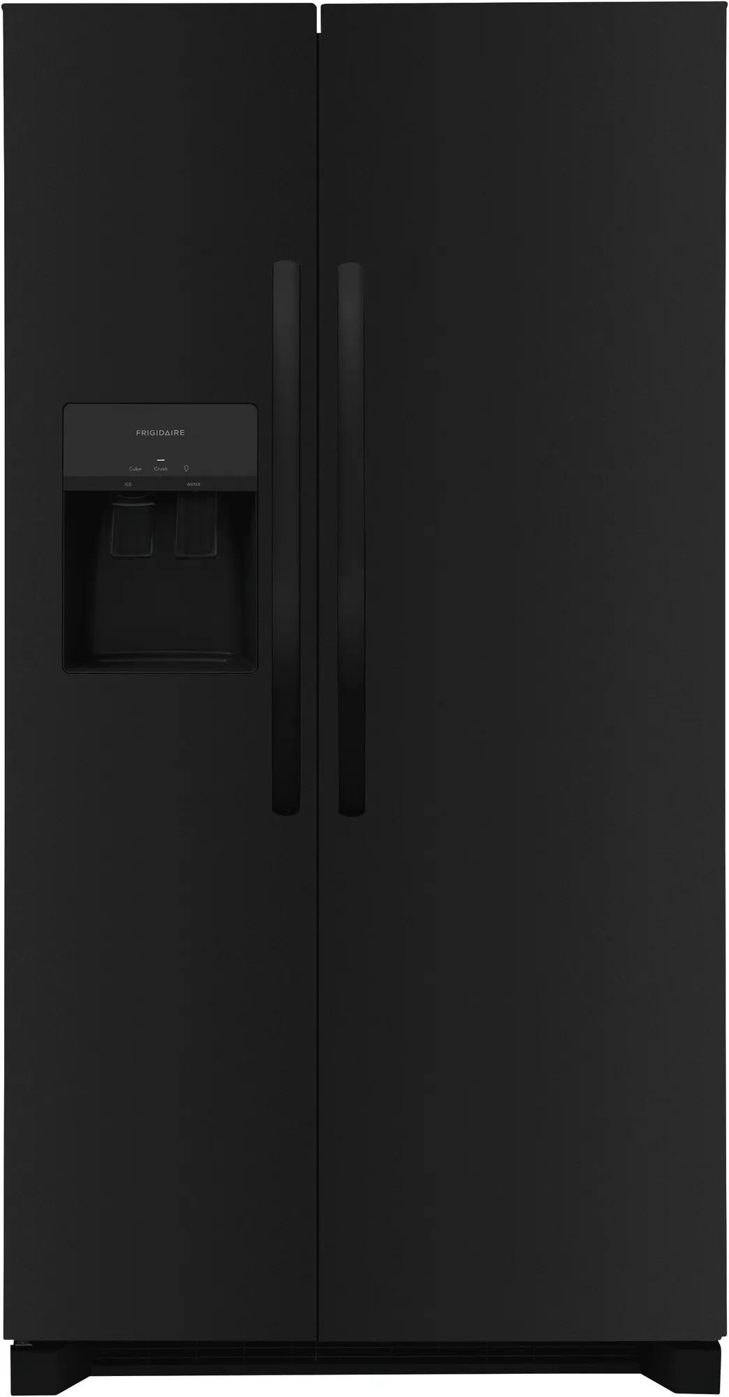Matte black side-by-side refrigerator with external water dispenser and sleek vertical handles in kitchen appliance collections