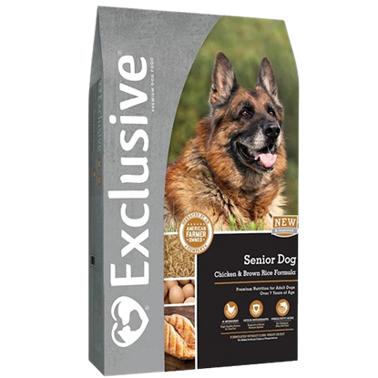 Bag of senior dry dog food with chicken and brown rice formula for adult dogs in pet food collection