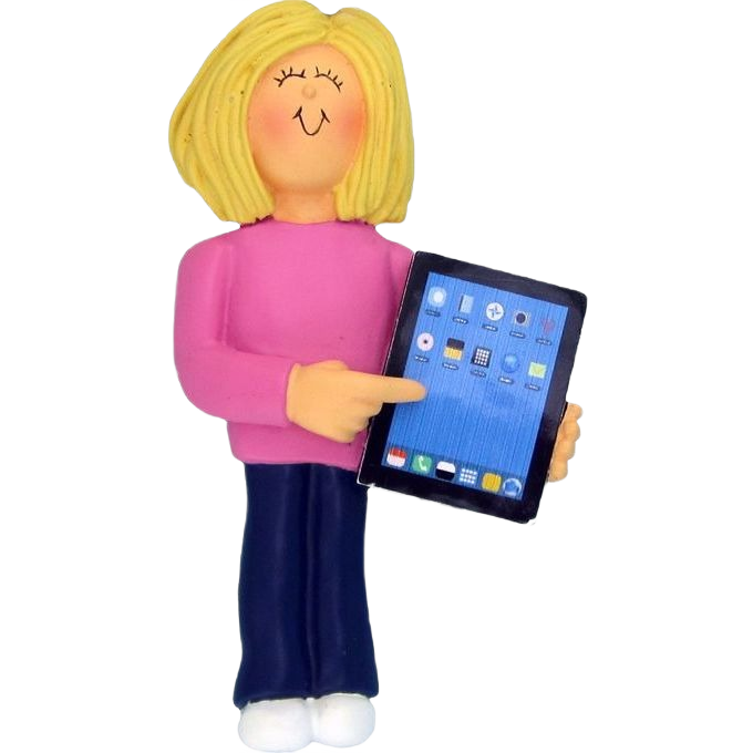 Blonde female figure in pink shirt holding tablet with apps, festive Christmas ornament under 50 dollars collection