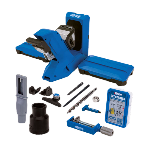 Blue and black Kreg pocket-hole jig with drill bits, clamps, and accessories for woodworking and home improvement projects