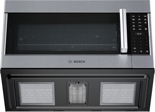 Stainless steel over-the-range microwave with left side-opening door and digital control panel from Bosch appliances collection