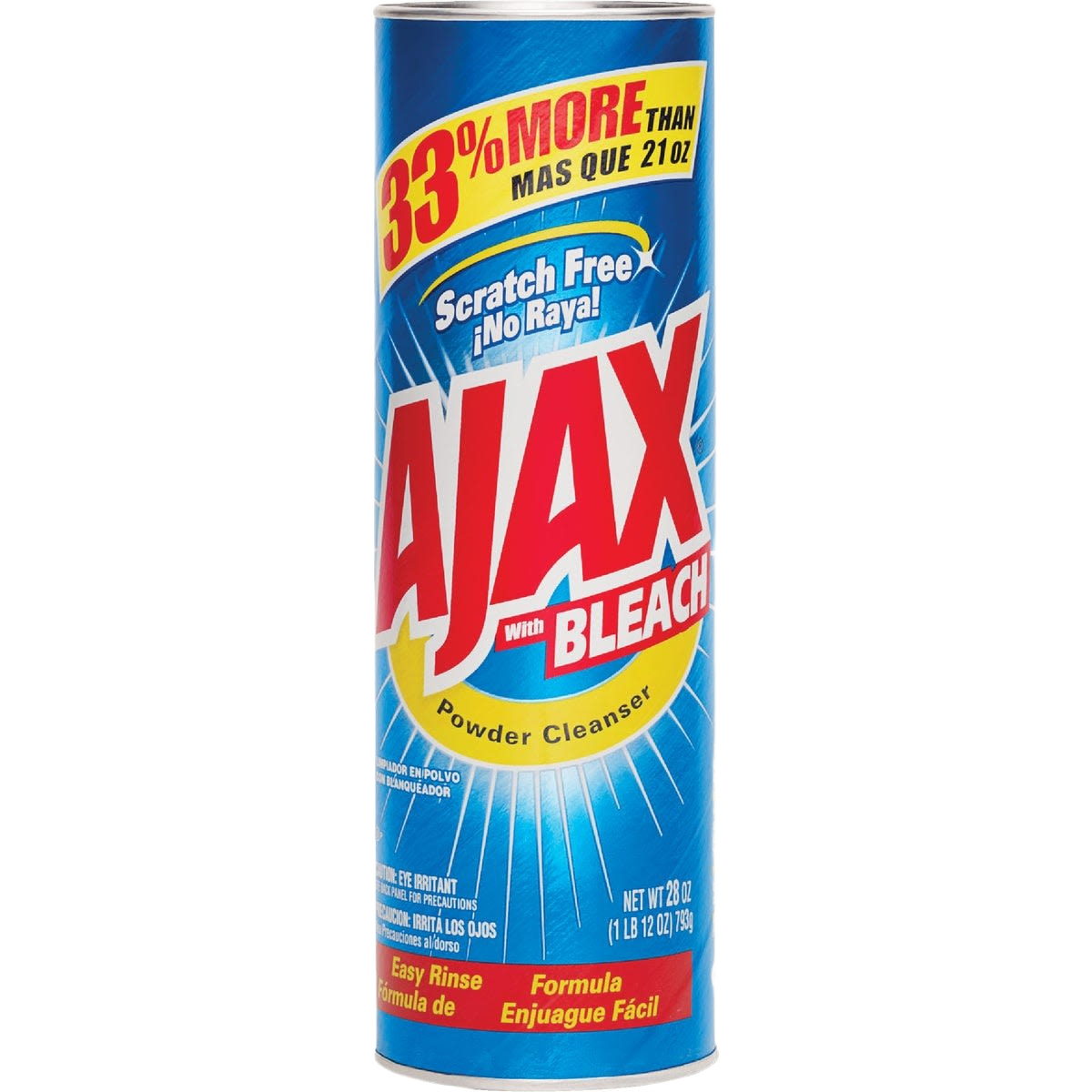 Blue cylindrical container of Ajax powder cleanser with bleach for cleaning supplies and household use under $50.