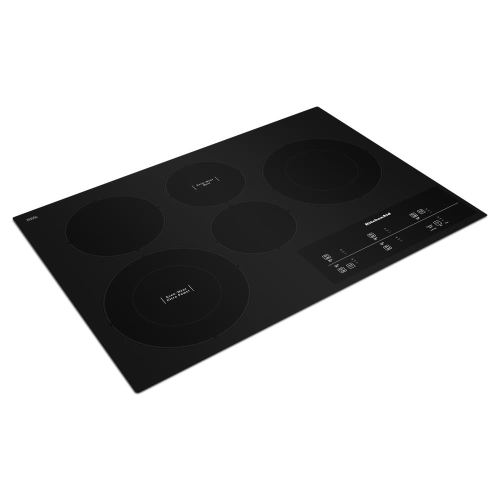 Black electric cooktop with five cooking zones and touch-activated controls for modern kitchen and appliances collections