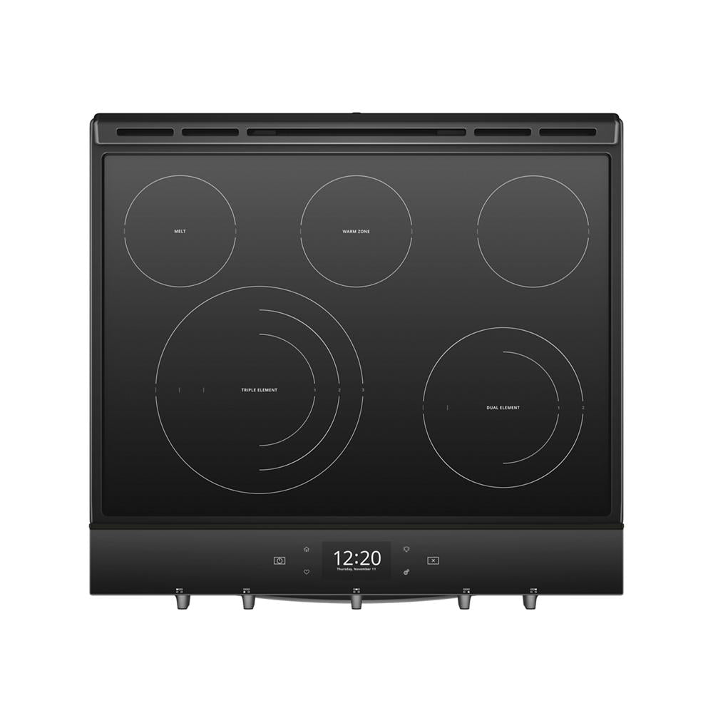 Black glass electric cooktop with five burners and digital touch controls for kitchen and home improvement use