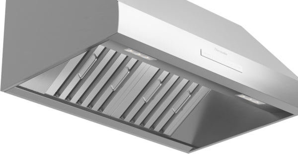 stainless steel wall-mounted range hood with four-speed fan control and automatic temperature sensing for kitchen ventilation
