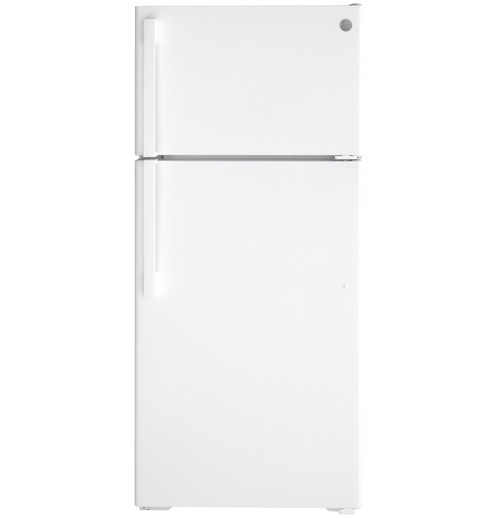 White top-freezer refrigerator with vertical handles, energy-efficient design from kitchenware and appliance collections
