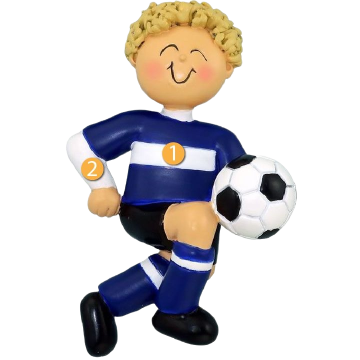 Blonde male soccer player figurine in blue and white uniform holding a soccer ball for Christmas Ornaments collection