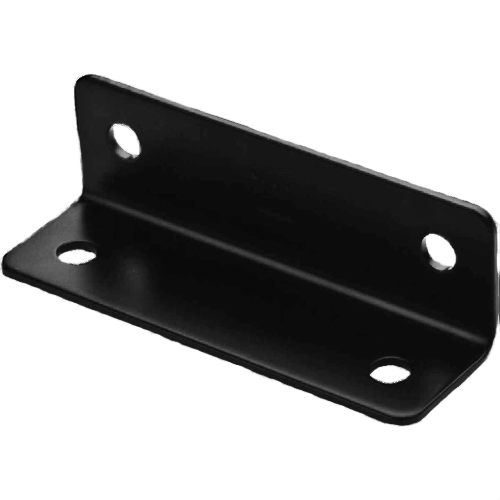 Black heavy-duty wide corner brace with four mounting holes for reinforcing right-angle joints in building hardware use