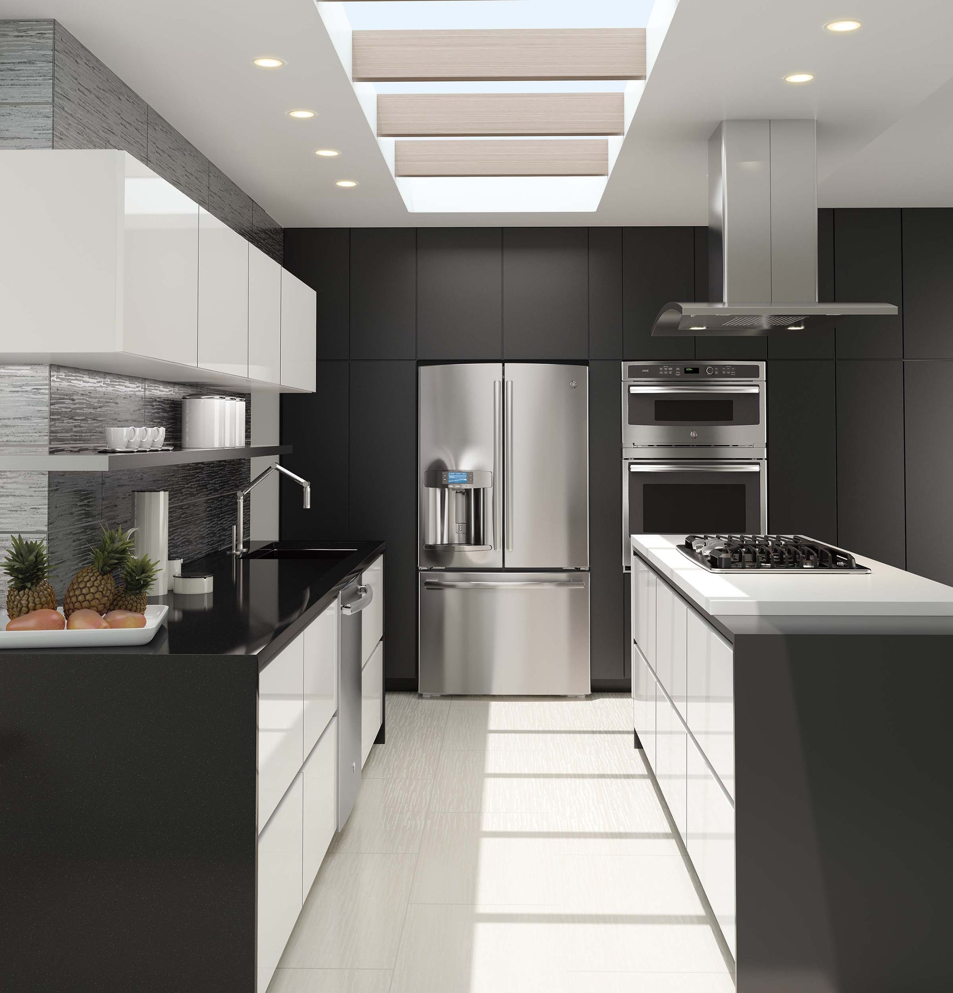 Modern kitchen with stainless steel double wall oven and refrigerator in dark cabinetry and white island setting