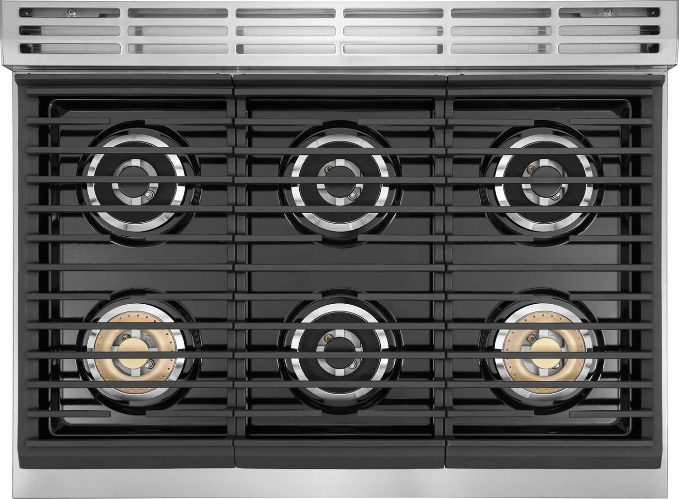 36-inch stainless steel gas rangetop with five burners including two brass power burners from Cooktops collection