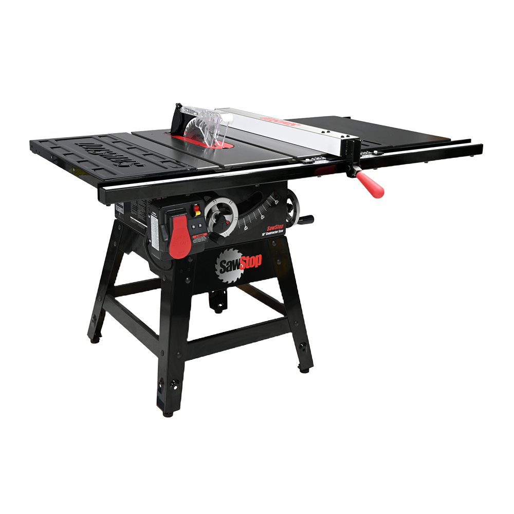 Black and red 10-inch contractor saw with sturdy metal base for woodworking and home improvement projects in power tools collection
