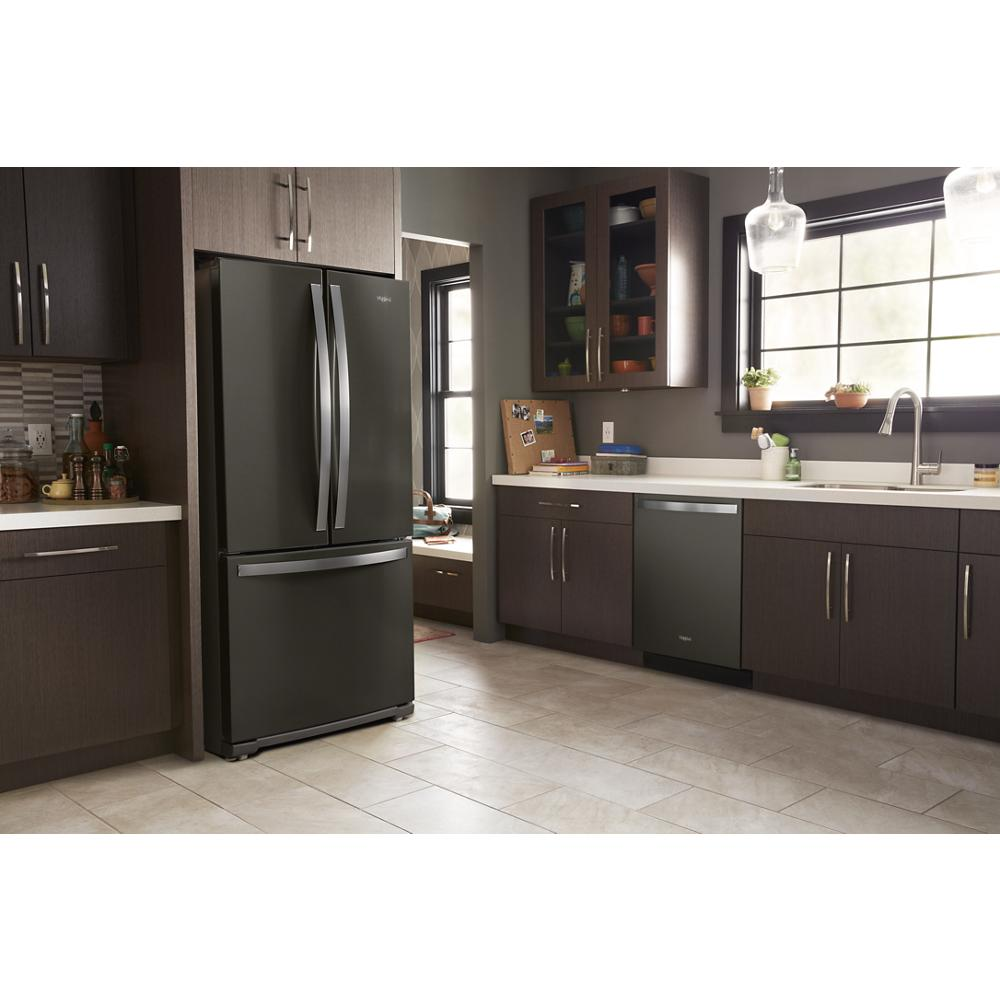 Black finish 30-inch wide french door refrigerator with bottom freezer in modern kitchen setting from Appliances collection