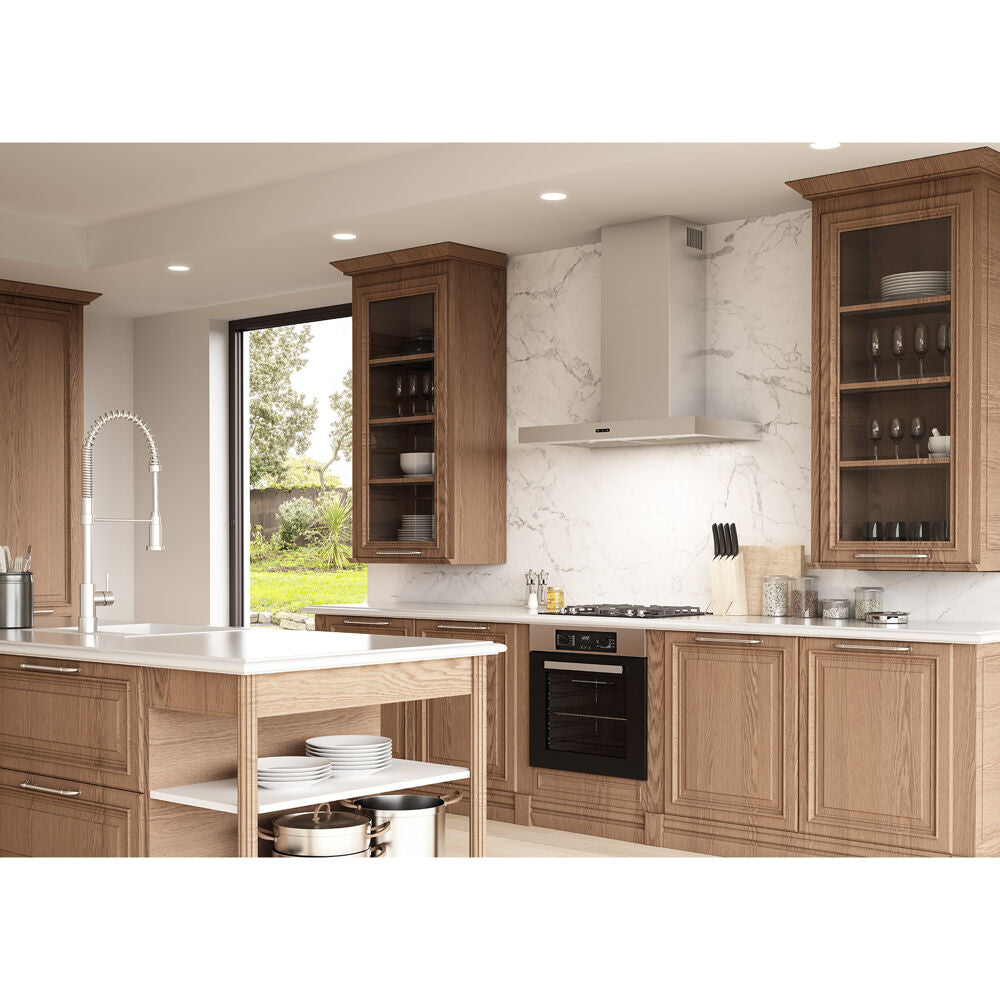 Stainless steel convertible T-style wall mount chimney hood with bright LED lighting in modern kitchen setting