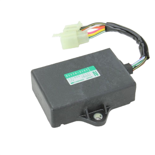 Black ignition module with multicolored wiring harness and white connector for outdoor equipment repair and maintenance