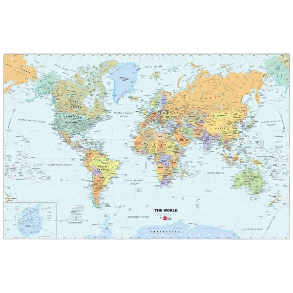 Color-coded world map poster with country names and oceans for educational use in toys and games collections