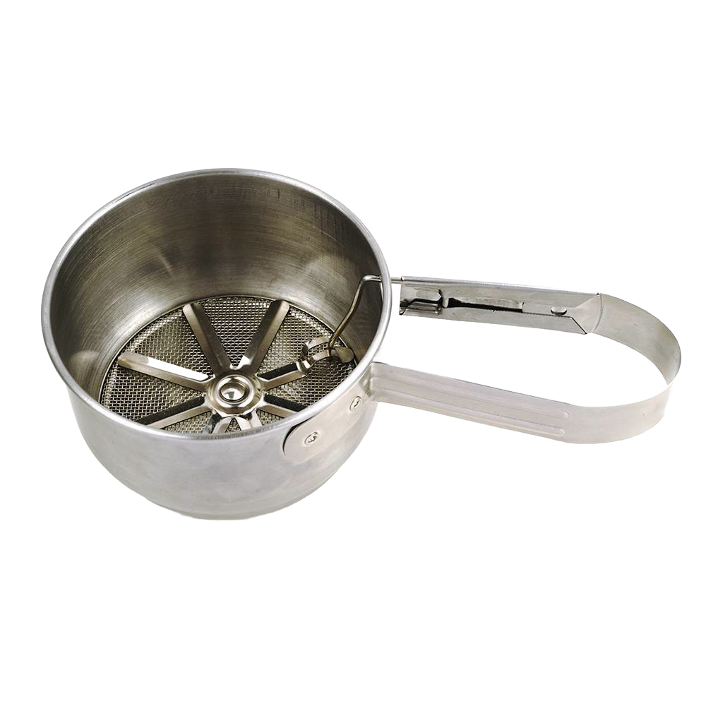 Vintage-style stainless steel 1-cup sifter with mesh screen and sturdy handle for Kitchenware and Cooking Utensils collections
