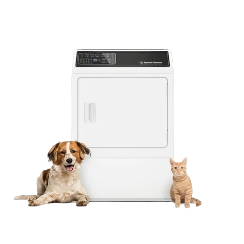 White front-load electric dryer with digital controls shown with a dog and cat for pet-friendly appliance collection