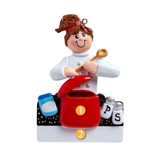 Female chef figurine ornament stirring red pot with salt, pepper, and blue container, Christmas decorations under $50 collection