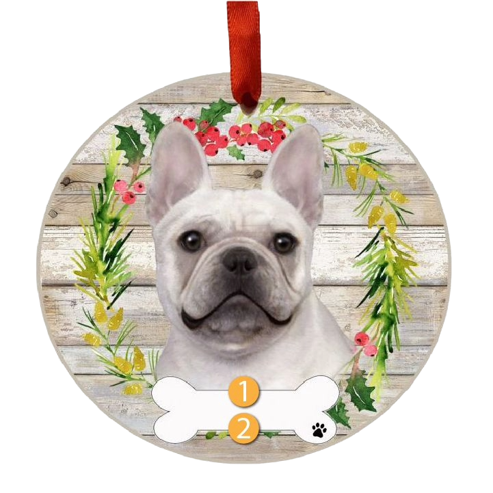 Round Christmas ornament with a French Bulldog face and festive wreath on rustic wood background