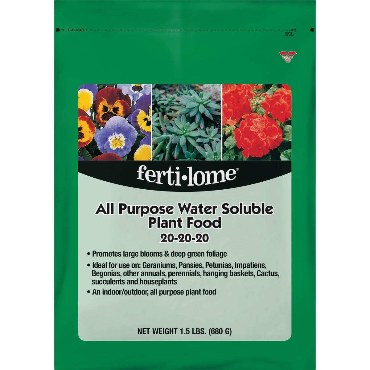 Green and white package of water soluble plant food with images of flowers and succulents for plant care under $50