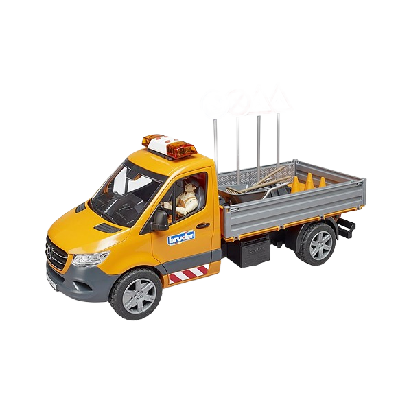 Yellow Bruder MB Sprinter municipal vehicle toy with construction worker figure, safety signs, cones, and tools for play and display