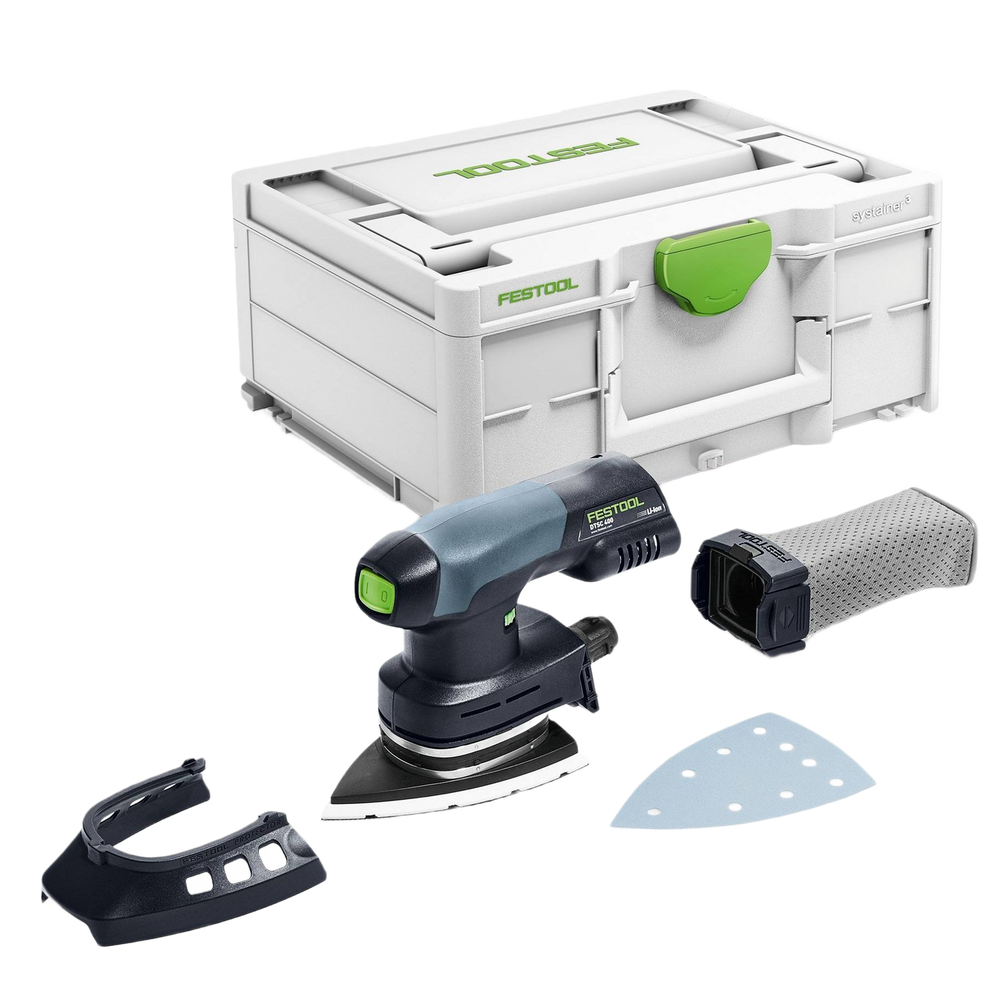Compact cordless delta sander with sanding pad, dust filter, and storage case for tools and home improvement projects