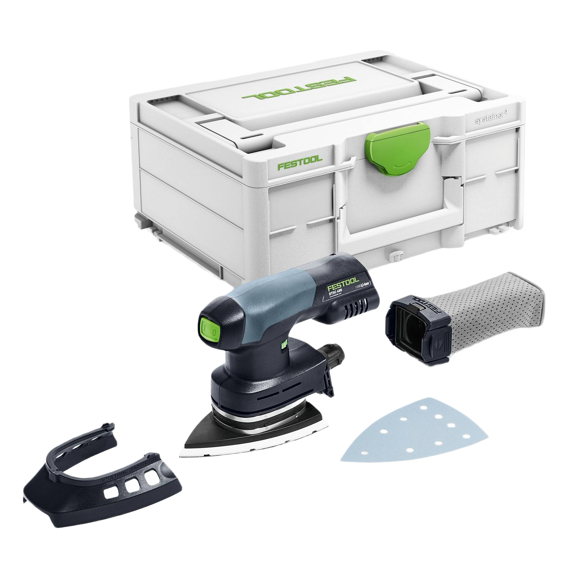 Compact cordless delta sander with sanding pad, dust filter, and storage case for tools and home improvement projects