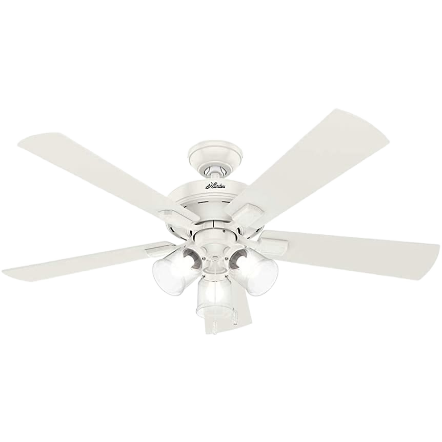 Fresh white Hunter ceiling fan with five blades and three LED lights for indoor home decor and lighting solutions