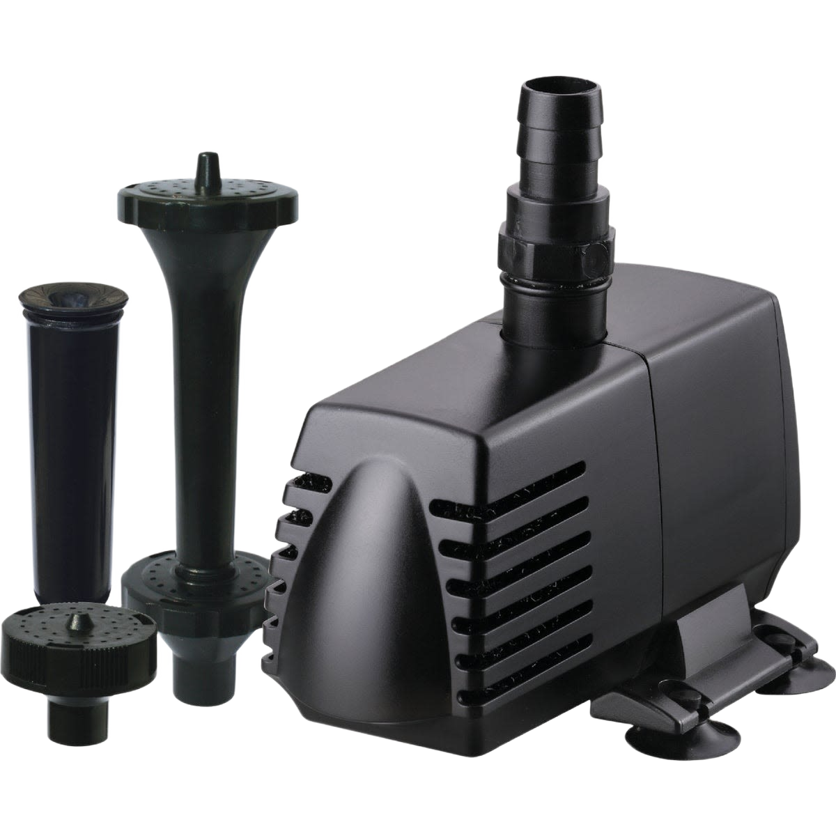 Compact black pond pump with three interchangeable fountain heads for water features in lawn and garden use